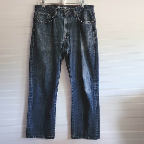 Eddie Bauer Jeans Mens Tag Size 33/30 Straight Fit Dark Wash Cotton Distressed - Picture 1 of 15